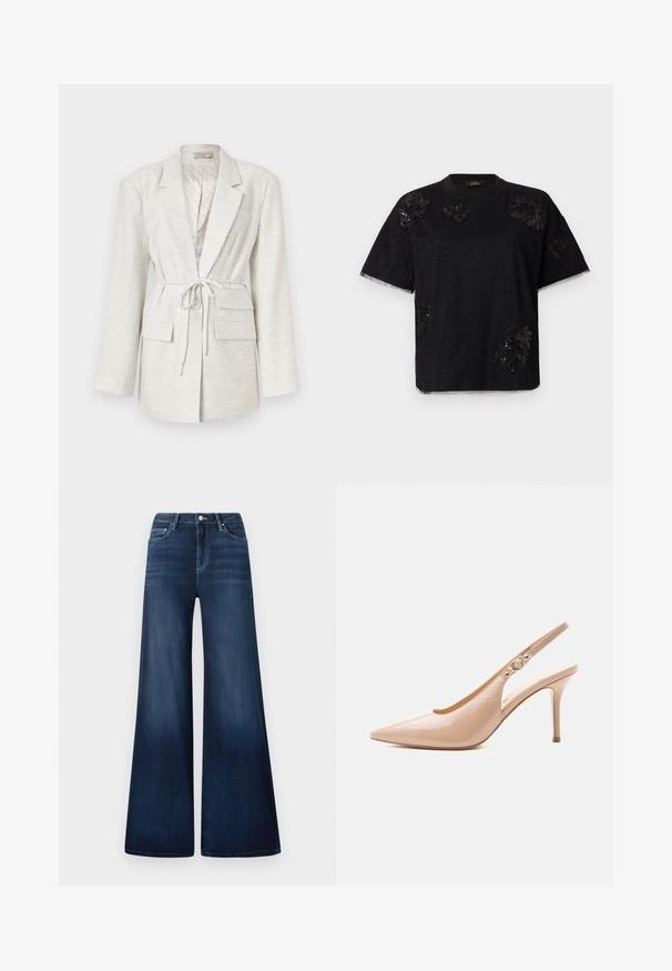 Blazer gris claro hecho de tejido texturizado, con mangas largas, cintura con lazo, dos bolsillos frontales y cierre de botón.; Camiseta negra de manga corta con adornos texturizados, con escote redondo y dobladillo sin acabados en las mangas, confeccionada en un tejido suave.; Vaqueros de pierna ancha azul oscuro con una cintura alta, hechos de denim, con un ligero desgaste, bolsillos delanteros y un cierre de botón clásico.; Zapato slingback de tacón alto de piel patentada beige con punta puntiaguda y pequeño detalle de hebilla dorada en la correa.