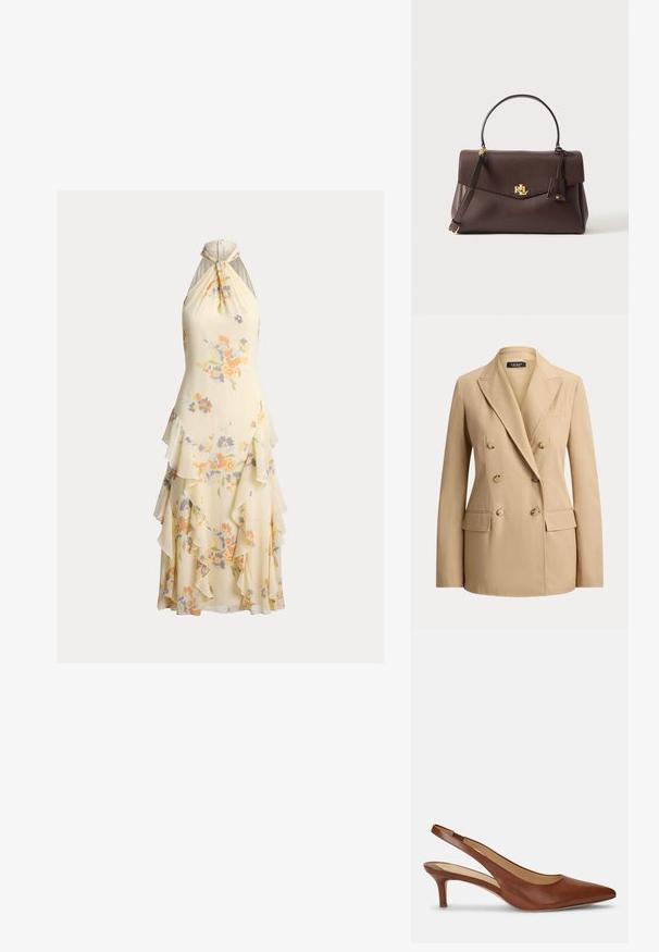 Beiger Doppelreiher-Blazer mit sechs Knöpfen, weitem Revers, zwei vorderen Pattentaschen und einer Brustleistentasche, zugeschnitten für eine taillierte Passform.; Ärmelloses cremefarbenes Neckholder-Kleid mit pastellfarbenem Blumenprint und mehrlagigem Volantrock-Detail.; Brauner Leder-Damenslingback mit spitzer Schuhspitze und niedrigem Kittenabsatz auf weißem Hintergrund.; Dunkelbraune Lederhandtasche mit oberem Griff, verstellbarem Schulterriemen und goldenem RL-Logo auf der Vorderklappe.