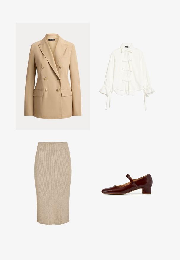 Beige dobbeltbrystet blazer med seks knapper, brede reverser, to frontlommer med klap og en brystlomme med åbning, skræddersyet til en figursyet pasform.; Hvid bluse med lange, flæsekantede ærmer og fem knuder foran, med klassisk krave og let høj-lav kant.; Strik nederdel i en lys beige farve med lodret ribbestruktur, knælang med elastisk talje og lige skæring.; Mary Jane sko i dyb burgundy patentlæder, med en afrundet tå, en lav blokhæl og en justerbar rem over vristen.