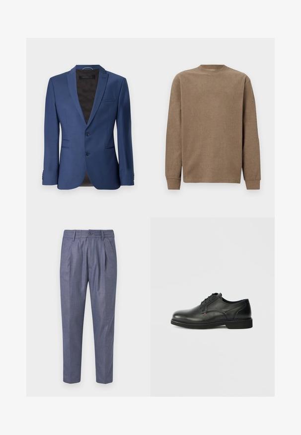 Blazer entallado azul oscuro, de corte sencillo con dos botones, solapa de pico, bolsillos laterales y tejido texturizado con un brillo sutil.; Suéter marrón de manga larga con canalé, cuello redondo y puños ajustados. Textura suave y diseño sencillo, ideal para un uso casual.; Pantalones tejidos azul con un corte ajustado, que presentan pliegues delanteros, un cierre de botón y una textura suave. Largo recortado con piernas rectas.; Zapatos de cuero negro con cordones, punta redondeada, acabado texturizado y suela lisa con un leve borde elevado. Diseño minimalista.
