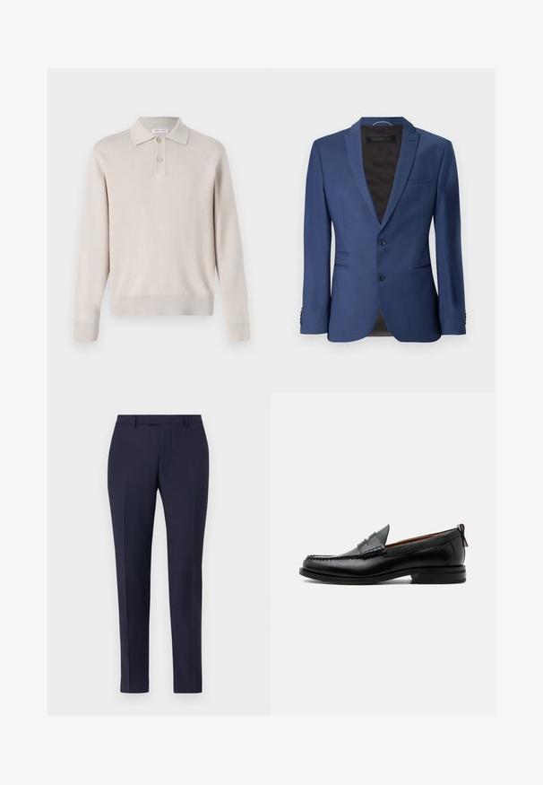 Mørkeblå skræddersyet blazer, enkeltbrystet med to knapper, klapkrave, sidelommer og tekstureret stof med subtil glans.; Lys beige langærmet polo skjorte lavet af blødt materiale. Har krave, tre-knaps lukning og ribbede manchetter og kant.; Marineblå skræddersyede bukser med et elegant design, flad front, smalle ben og ingen synlige detaljer eller mønstre. Glat stoftekstur.; Sort læder herre loafer med moc-tå syning, penny strop, struktureret krave og lav stablet hæl på hvid baggrund.