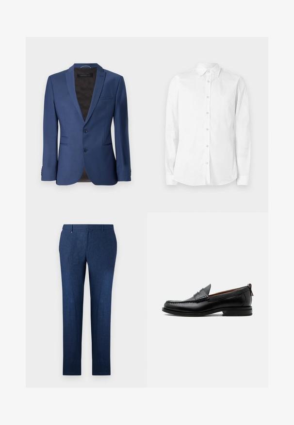 Blazer ajusté bleu foncé, à un bouton avec deux boutons, revers cranté, poches latérales et tissu texturé avec un léger éclat.; Chemise blanche à manches longues avec boutons, fabriquée en coton. Comprend un col pointu et un petit logo brodé sur la poitrine. Texture lisse.; Pantalon bleu marine en tissu texturé, avec des jambes droites et un design à plat classique. Pas de motifs ou d'accents visibles.; Mocassin homme en cuir noir avec couture moc toe, bride penny, col texturé et petit talon empilé sur fond blanc.