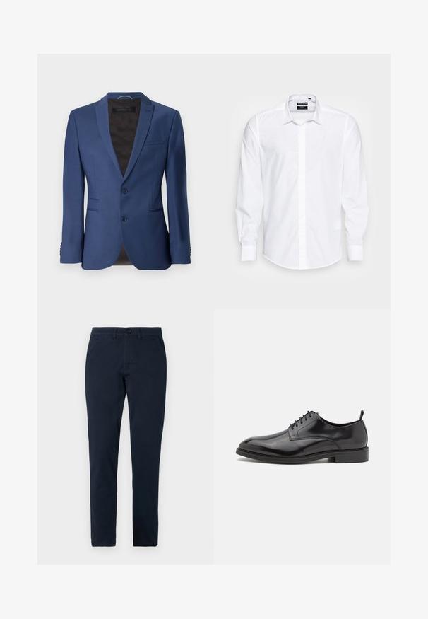 Blazer ajusté bleu foncé, à un bouton avec deux boutons, revers cranté, poches latérales et tissu texturé avec un léger éclat.; Chemise blanche à manches longues en tissu lisse, avec un col boutonné et un devant droit avec patte de boutonnage dissimulée.; Pantalon noir slim fit pour homme avec fermeture avant par bouton et zip, passants de ceinture et poches latérales.; Chaussure habillée en cuir noir avec une finition lisse, un bout rond et un design à lacets. Comprend une semelle en caoutchouc noir de profil bas et un petit talon.