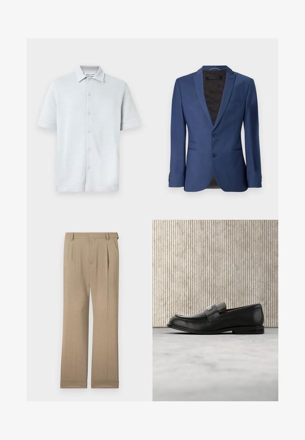 Mørkeblå skræddersyet blazer, enkeltbrystet med to knapper, klapkrave, sidelommer og tekstureret stof med subtil glans.; Kortærmet skjorte med krave i lyseblåt, tekstureret stof med diamantmønster, med knaplukning foran og lige kant.; Beige bukser lavet af letvægtigt stof, med et lige ben-design, dobbelte folder og opfoldede kanter for en afslappet pasform.; Sort læderloafer med metalbrandskilt hvilende nær et brunt rundt bord på beige tæppe.