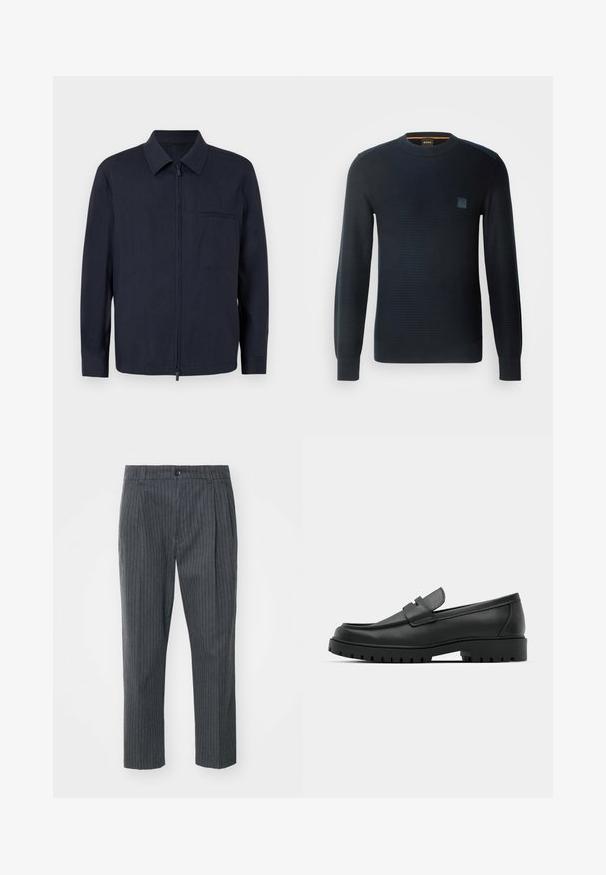Veste bleu marine en tissu léger, dotée d'une fermeture éclair sur le devant, d'un col et d'une poche poitrine. Manches longues avec poignets boutonnés.; Pull en tricot bleu marine à manches longues, col rond, tissu texturé et un petit logo brodé sur la poitrine.; Pantalons gris à rayures avec une coupe droite, dotés d'une fermeture à bouton et d'une texture de tissu lisse. Coupe ajustée avec des plis.; Mocassins en cuir noir à bout arrondi, avec un design cousu, une semelle plateforme basse et une semelle en caoutchouc texturée et crantée.