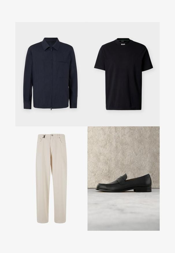 Marineblå jakke lavet af letvægtsstof, med lynlås foran, krave og en brystlomme. Lange ærmer med knapmanchetter.; Sort kortærmet crew neck-T-shirt med hvid "BOSS"-logo på kraven, vist på en hvid baggrund.; Beige bomuldsbukser med lige ben, der har forlommer og knaplukning. Glat tekstur med minimal detaljering.; Sort lædersko i loafer-stil svæver over et beige tæppe med et blankt brunt rundt bord i baggrunden.