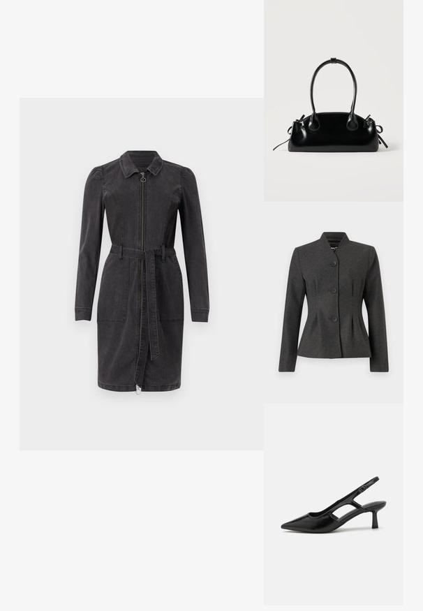 Chaqueta gris entallada con un diseño estructurado, que presenta un cuello alto y cuatro botones negros. La tela tiene una textura suave y un ligero brillo.; Vestido de mezclilla negro con cuello tipo camisa, mangas largas, cierre frontal de cremallera y cintura ceñida con cinturón. Cuenta con dos bolsillos frontales y un dobladillo recto.; Tacones de slingback negros con punta afilada, hechos de material brillante, que presentan acentos recortados y un tacón moderado para mayor soporte.; Pequeño bolso negro brillante con dos asas largas y detalles de cordón lateral sobre un fondo claro liso.