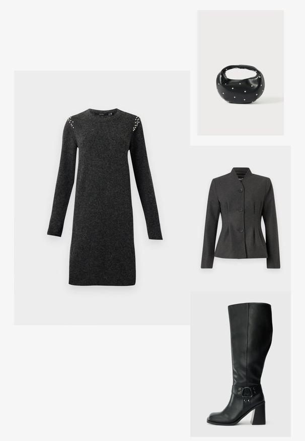 Chaqueta gris entallada con un diseño estructurado, que presenta un cuello alto y cuatro botones negros. La tela tiene una textura suave y un ligero brillo.; Vestido de punto gris oscuro de manga larga con escote redondo y pequeñas embellishments de perlas en los hombros, corte recto a la altura de la rodilla.; Botas de cuero negro hasta la rodilla con puntera cuadrada, tacón ancho y una correa decorativa con acentos metálicos alrededor del tobillo. Textura suave.; Bolso de mano de cuero negro con forma redondeada, decorado con detalles de tachuelas plateadas y un asa corta. Textura lisa y cierre con cremallera.