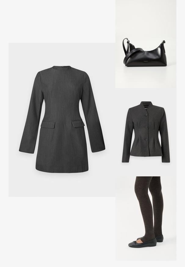 Chaqueta gris entallada con un diseño estructurado, que presenta un cuello alto y cuatro botones negros. La tela tiene una textura suave y un ligero brillo.; Vestido gris a medida con mangas largas, escote redondo y dos bolsillos frontales. Hecho de una tela texturada, presenta un diseño elegante y estructurado.; Piernas con leggings oscuros acanalados combinados con bailarinas negras que presentan pequeños detalles de lazo sobre un fondo blanco.; Bolso de mano de cuero negro con una textura suave. Cuenta con una correa ajustable y un diseño elegante y minimalista con cierre de cremallera.