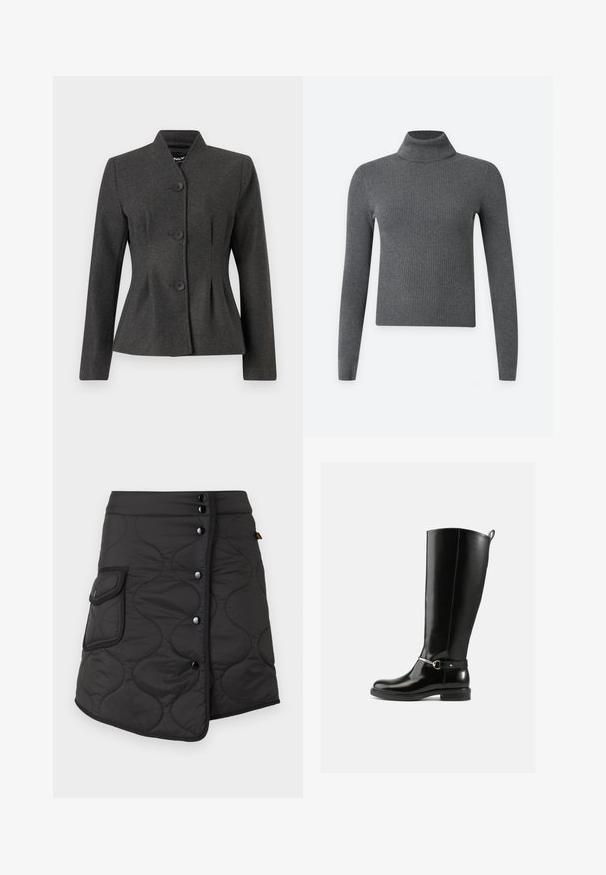 Chaqueta gris entallada con un diseño estructurado, que presenta un cuello alto y cuatro botones negros. La tela tiene una textura suave y un ligero brillo.; Jersey de cuello alto oscuro gris con textura de canalé, mangas largas y silueta ajustada sobre un fondo claro y liso.; Falda negra acolchada con un dobladillo asimétrico, que presenta cinco botones oscuros y un bolsillo lateral con detalle de solapa redondeada.; Botas negras hasta la rodilla hechas de cuero brillante, con un detalle de hebilla plateada en el tobillo y un diseño de punta redondeada. Suela plana.