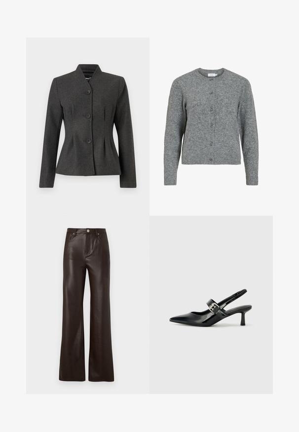 Chaqueta gris entallada con un diseño estructurado, que presenta un cuello alto y cuatro botones negros. La tela tiene una textura suave y un ligero brillo.; Cardigan de lana gris con cuello redondo, mangas largas y seis botones decorativos de tono plateado en el frente. Textura suave, diseño minimalista.; Vero Moda Wide-leg VMTESSA High rise - Pantalones - chocolate torte; Zapatos de tacón en charol negro con tira al tobillo, punta afilada y un pequeño tacón bloque, que cuentan con un acento de hebilla plateada en la correa.