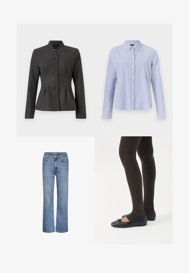 Chaqueta gris entallada con un diseño estructurado, que presenta un cuello alto y cuatro botones negros. La tela tiene una textura suave y un ligero brillo.; Camisa de manga larga con botones, con rayas verticales blancas y azul claro y cuello puntiagudo, mostrada sobre un fondo liso.; Jeans de mezclilla azul de tiro alto y pierna recta con cierre de botón en la parte delantera, cremallera y diseño de cinco bolsillos.; Piernas con leggings oscuros acanalados combinados con bailarinas negras que presentan pequeños detalles de lazo sobre un fondo blanco.