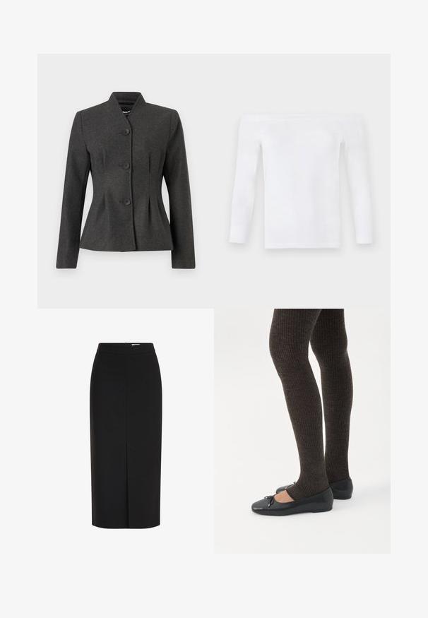 Chaqueta gris entallada con un diseño estructurado, que presenta un cuello alto y cuatro botones negros. La tela tiene una textura suave y un ligero brillo.; Top blanco de manga larga y sin hombros, hecho de un tejido suave, con un diseño ajustado, textura lisa y costuras mínimas.; Falda lápiz midi negra de cintura alta con una abertura frontal y cremallera oculta sobre un fondo blanco.; Piernas con leggings oscuros acanalados combinados con bailarinas negras que presentan pequeños detalles de lazo sobre un fondo blanco.