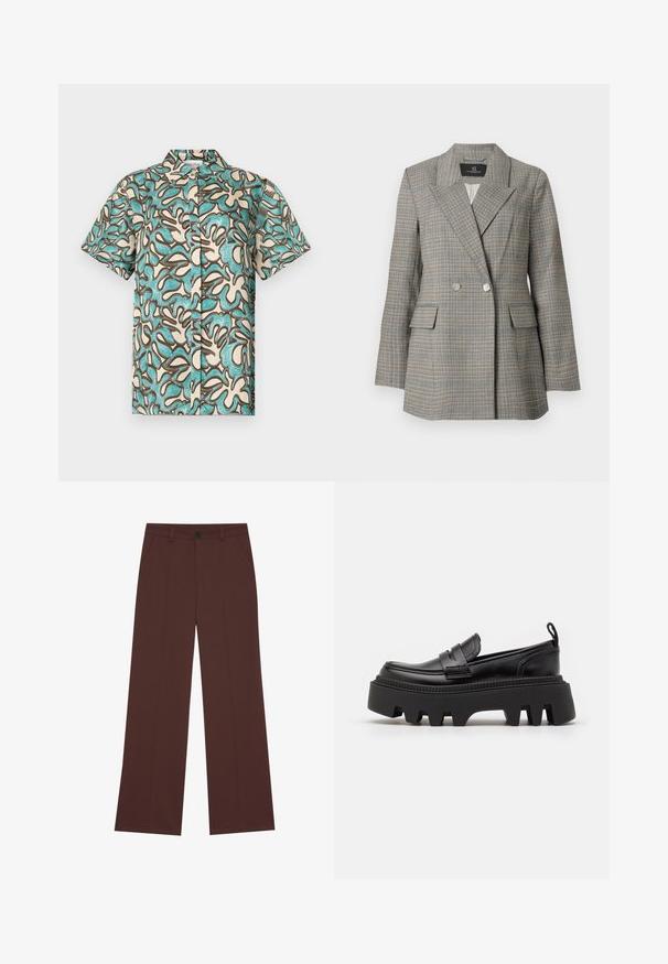 Grau kariertes Blazer mit doppelter Knopfleiste, großen Revers, zwei vorderen Taschen und silbernen Knöpfen. Texturiertes Material mit strukturierter Passform.; Kurzarmhemd in Creme mit blau-braunem abstraktem Muster, mit Knopfleiste und klassischem Kragen. Weicher Stoff. ; Weite Hose aus einem hochwertigen braunen Stoff. Mit einem Knopfverschluss, zwei frontalen Taschen, glatter Textur und klaren Linien.; Schwarze Lederloafer mit einer massiven schwarzen Gummisohle, ausgestattet mit rutschfesten Rillen und einem dekorativen Riemen über der Vorderseite.