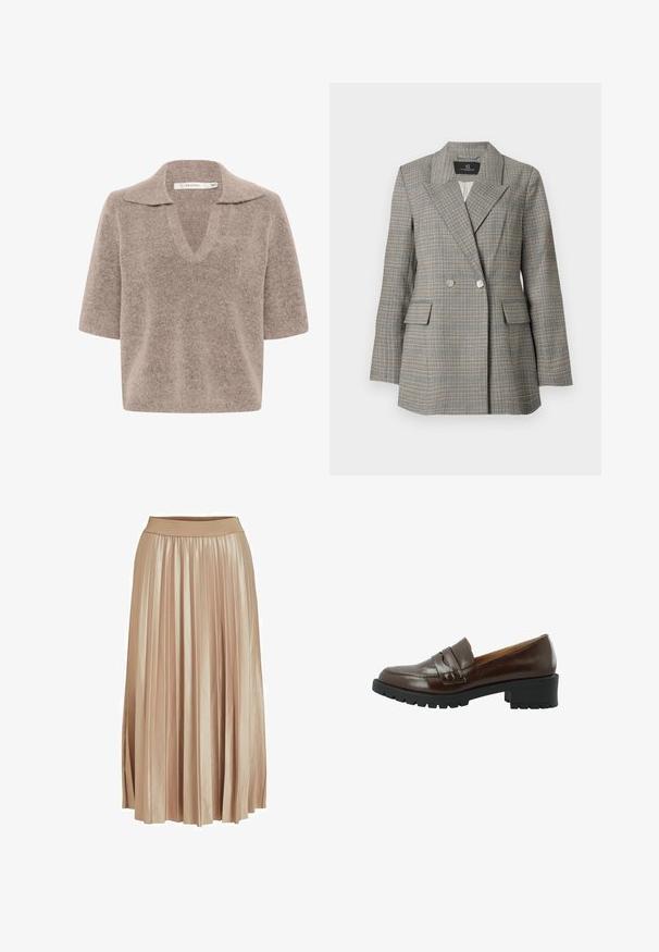Blazer de cuadros gris con un frente de doble botonadura, grandes solapas, dos bolsillos frontales y botones plateados. Tejido texturizado con un ajuste estructurado.; Suéter beige de manga corta con escote en V, hecho de un material de punto suave, con un diseño de cuello y un corte relajado.; Falda midi plisada en tejido de satén beige claro. Presenta una cinturilla ancha y elástica y elegantes pliegues verticales a lo largo de toda su longitud.; Mocasin de cuero marrón con acabado texturizado, que presenta una correa prominente en el empeine, suela de goma negra resistente y tacón bajo.