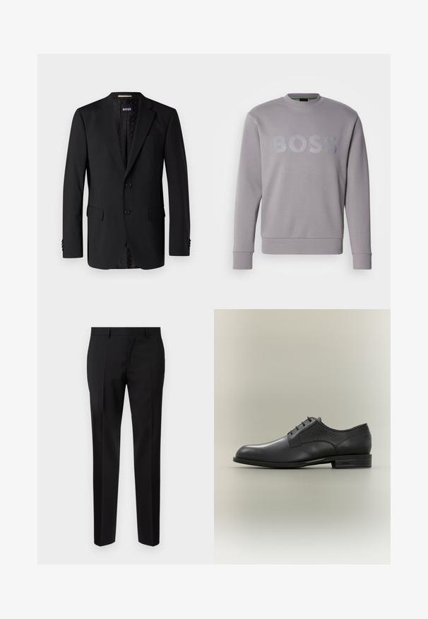 Sort blazer lavet af glat stof, med to forlommer, to knapper og et mønstret indre. Klassisk skræddersyet design.; Grå sweatshirt med rund halsudskæring, lange ærmer og præget "BOSS"-logo på brystet; lavet af blødt stof med ribkant ved ærmer og kant.; Sorte skræddersyede bukser lavet af glat stof, med lige ben, raffinerede folder og en klassisk talje med bæltestropper.; Sort lædersko til mænd med snørebånd foran og teksturerede sidepaneler, lav stablet hæl og "BOSS" præget på sålen.
