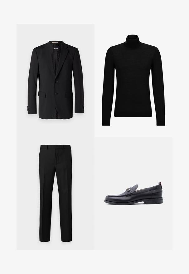 Blazer negro hecho de tela suave, con dos bolsillos frontales, dos botones y un interior con estampado. Diseño clásico y ajustado.; Jersey de cuello alto negro hecho de un material suave, con mangas largas y un ajuste ceñido. Ribete acanalado en el dobladillo y los puños. Diseño simple.; Pantalones negros de corte ajustado con una textura suave, que cuentan con un diseño de pierna recta, pliegues frontales y una cinturilla plana. Sin bolsillos visibles.; Mocasín de cuero negro con empeine gris texturizado, detalle de hebilla metálica plateada, tacón bajo y lengüeta para tirar en la parte trasera.