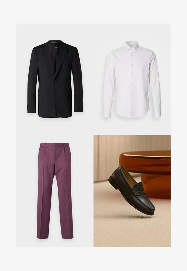 Schwarzer Blazer aus glattem Stoff, ausgestattet mit zwei Fronttaschen, zwei Knöpfen und einem gemusterten Innenfutter. Klassisches, tailliertes Design.; Weißes Langarmhemd mit spitzem Kragen, durchgehender Knopfleiste, aus einem glatten Stoff gefertigt. Es hat eine dezente gestreifte Textur.; Lila, gestreifte Hose mit geraden Beinen, taillierter Passform und Fronttaschen. Hergestellt aus leichtem Material, mit Gürtelschlaufen und Bügelfalte.; Schwarzer Leder-Loafer, der über einem hellbeigen Teppich schwebt, mit bernsteinfarbenen modernen Möbeln im Hintergrund.