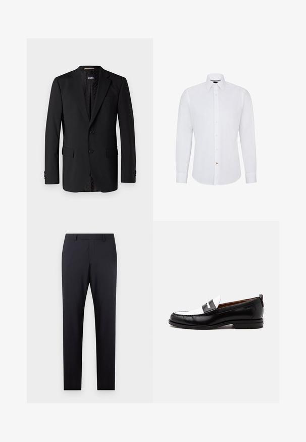 Sort blazer lavet af glat stof, med to forlommer, to knapper og et mønstret indre. Klassisk skræddersyet design.; Hvid langærmet skjorte med knap-Down krave, der har en række små knapper og en enkelt kontrasterende knapdekoration.; Mørkeblå skræddersyede bukser med flad front, slim fit, sidelommer og en glat tekstur; ingen synlige mønstre eller dekorative elementer.; Sort-hvid læderloafer med syning, lav hæl og slip-on design, vist fra siden på en ensfarvet baggrund.
