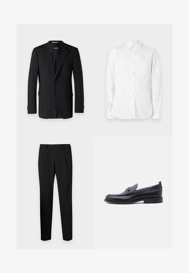 Blazer negro hecho de tela suave, con dos bolsillos frontales, dos botones y un interior con estampado. Diseño clásico y ajustado.; Camisa blanca de manga larga con botones, hecha de algodón. Presenta un cuello puntiagudo y un pequeño logo bordado en el pecho. Textura suave.; Pantalones negros a medida con corte recto, que cuentan con una cinturilla elástica, un cierre de un solo botón y dos pliegues frontales para un detalle adicional.; Mocasín de cuero negro con empeine gris texturizado, detalle de hebilla metálica plateada, tacón bajo y lengüeta para tirar en la parte trasera.