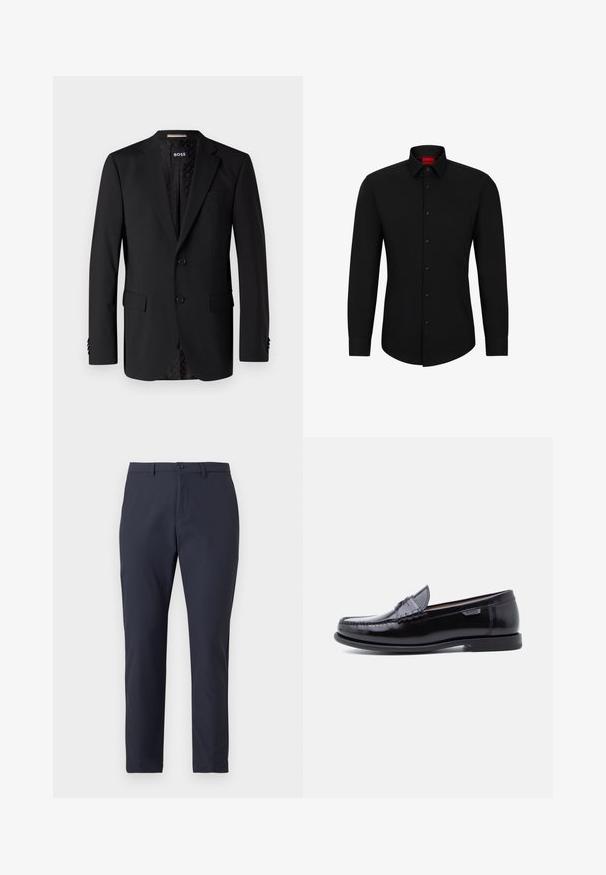 Sort blazer lavet af glat stof, med to forlommer, to knapper og et mønstret indre. Klassisk skræddersyet design.; Sort langærmet skjorte med knaplukning foran, klassisk krave og rundet kant; har sorte knapper og et rødt logo indeni kraven.; Mørkeblå letvægtsbukser med slankt design, der har knaplukning, bæltestropper og en glat tekstur. Skræddersyet pasform.; Sorte læderloafer med en blank finish, der har et syet mønster på tåen og en lav, tekstureret sort gummisål.
