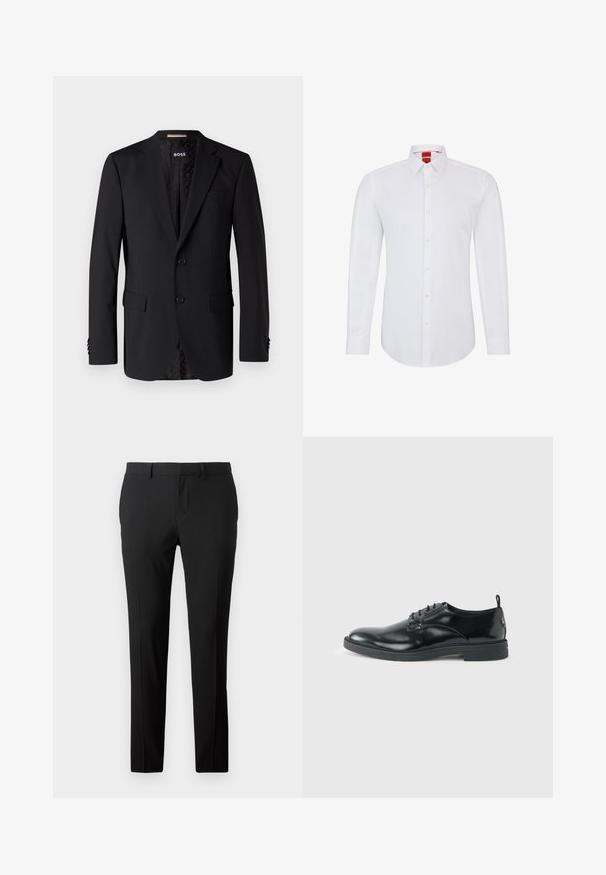 Zwarte blazer van gladde stof, met twee zijzakken, twee knopen en een gestreepte voering. Klassiek en getailleerd ontwerp.; Witte langemouwen blouse met een geknoopt kraagje, voorzien van een knoopsluiting aan de voorkant en zachte, gladde stof. Geen patronen of accenten zichtbaar.; Op maat gemaakte zwarte broek van een gladde stof. Heeft een recht model, voorplooien en riemlussen voor verstelbare maat.; Glanzende zwarte lederen nette schoen met lage hak, vetersluiting en ronde neus, van opzij getoond tegen een effen lichte achtergrond.