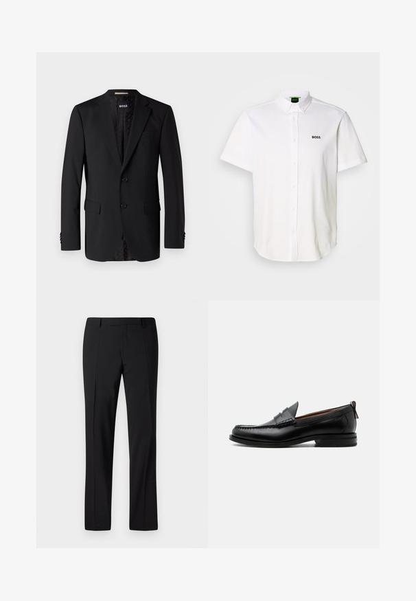 Sort blazer lavet af glat stof, med to forlommer, to knapper og et mønstret indre. Klassisk skræddersyet design.; Hvid polo med korte ærmer lavet af bomuld, med knaplukning, klassisk krave og en sort "BOSS"-logo på brystet.; Sorte skræddersyede bukser med lige ben, der har en glat overflade, plissee foran og en klassisk talje for et formelt udseende.; Sort læder herre loafer med moc-tå syning, penny strop, struktureret krave og lav stablet hæl på hvid baggrund.