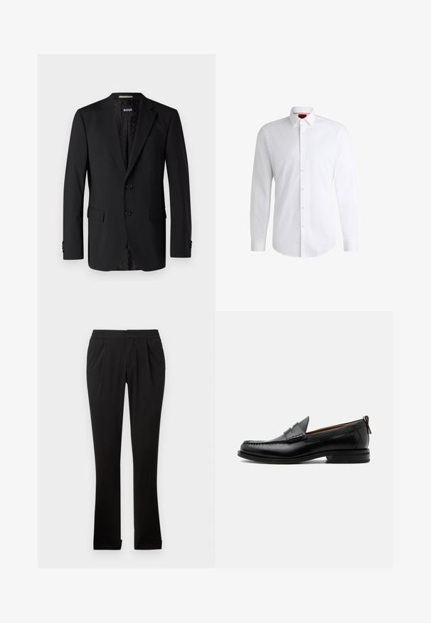 Zwarte blazer van gladde stof, met twee zijzakken, twee knopen en een gestreepte voering. Klassiek en getailleerd ontwerp.; Witte overhemden van soepel materiaal met een klassieke kraag, lange mouwen en een afgeronde zoom. Voorzien van beige knopen aan de voorkant.; Zwarte broeken van gladde stof met een elastische tailleband, rechte pijpen, plooien aan de voorkant en omgeslagen zoom. Eenvoudig en veelzijdig ontwerp.; Zwarte leren herensloffen met moc toe stiksel, pennyriem, gestructureerde kraag en lage gestapelde hak op witte achtergrond.