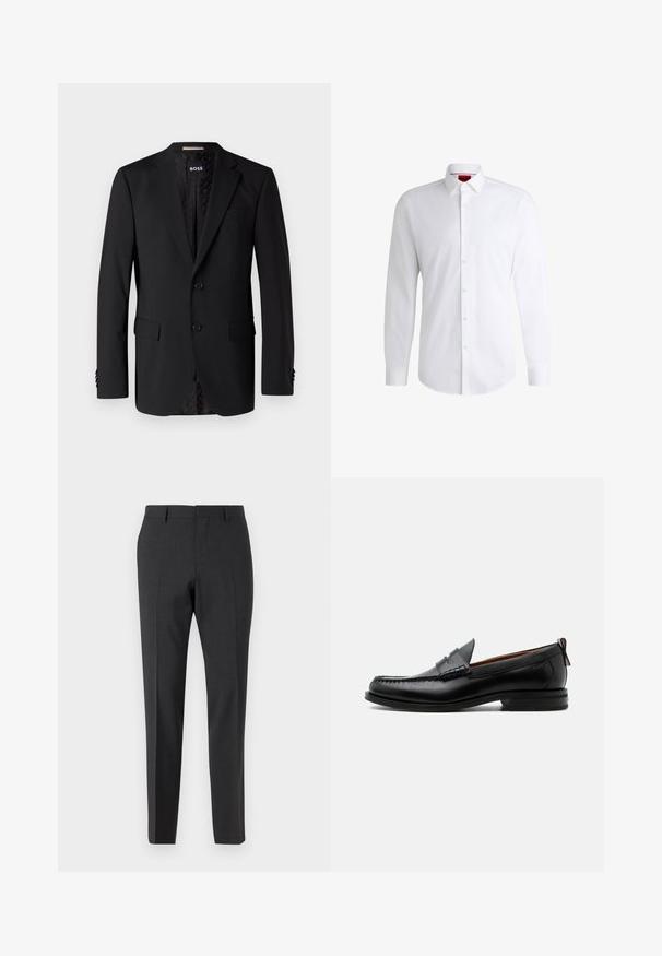 Blazer noir en tissu lisse, comportant deux poches avant, deux boutons et une doublure à motifs. Design classique et ajusté.; Chemise blanche à manches longues en tissu lisse avec un col classique et un ourlet arrondi. Présente des boutons beiges à l'avant.; Pantalons tailleur gris foncé avec une texture lisse, coupe slim, devant plat et passants de ceinture, conçus pour une tenue formelle ou professionnelle.; Mocassin homme en cuir noir avec couture moc toe, bride penny, col texturé et petit talon empilé sur fond blanc.