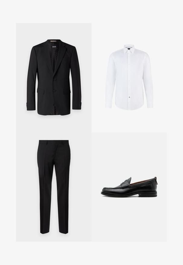 Blazer negro hecho de tela suave, con dos bolsillos frontales, dos botones y un interior con estampado. Diseño clásico y ajustado.; Camisa blanca de manga larga hecha de una tela suave, con cierre de botones en la parte delantera, cuello puntiagudo y dobladillo curvado. Acento notable de botón de marca.; Pantalones negros de corte ajustado, hechos de una tela suave, con pernera recta, detalles de pinzas refinadas y una cinturilla clásica con ojales para cinturón.; Mocasín de hombre de piel negra con costura moc toe, tira penny, cuello texturizado y tacón bajo apilado sobre fondo blanco.