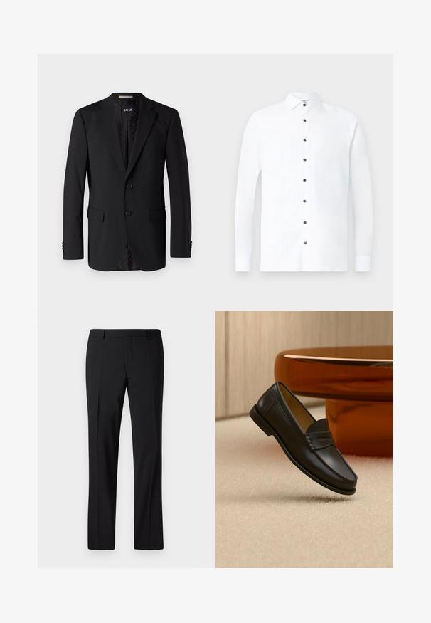 Zwarte blazer van gladde stof, met twee zijzakken, twee knopen en een gestreepte voering. Klassiek en getailleerd ontwerp.; Witte lange mouwen shirt van katoen, met een klassieke kraag, zwarte knoopsluiting en knoopmanchetten. Gladde textuur met een minimaal ontwerp.; Zwarte op maat gemaakte broek met een rechte pijp ontwerp, voorzien van een gladde textuur, geplooide voorkant en een klassieke tailleband voor een formele uitstraling.; Zwarte leren loaferschoen zwevend boven een beige tapijt met amberkleurige moderne meubels op de achtergrond.
