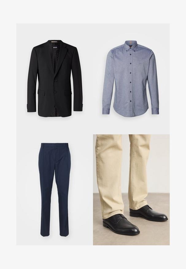 Čierny blejzer vyrobený z hladkej tkaniny, s dvoma prednými vreckami, dvoma gombíkmi a vzorovanou podšívkou. Klasický strih.; Modrá košeľa s button-up zapínaním z ľahkého materiálu. Má rozšírený golier, dlhé rukávy a malé logo na hrudi. Zapínanie na prednej strane na gombíky.; Námornícke modré nohavice vyrobené z hladkej tkaniny, s prispôsobeným strihom, dvoma prednými vreckami a záhybom na každej nohe pre elegantný vzhľad.; Čierne kožené šnurovacie topánky s okrúhlou špičkou, hladkým povrchom a jemnými detailmi prešitia, nosené so svetlo béžovými nohavicami.