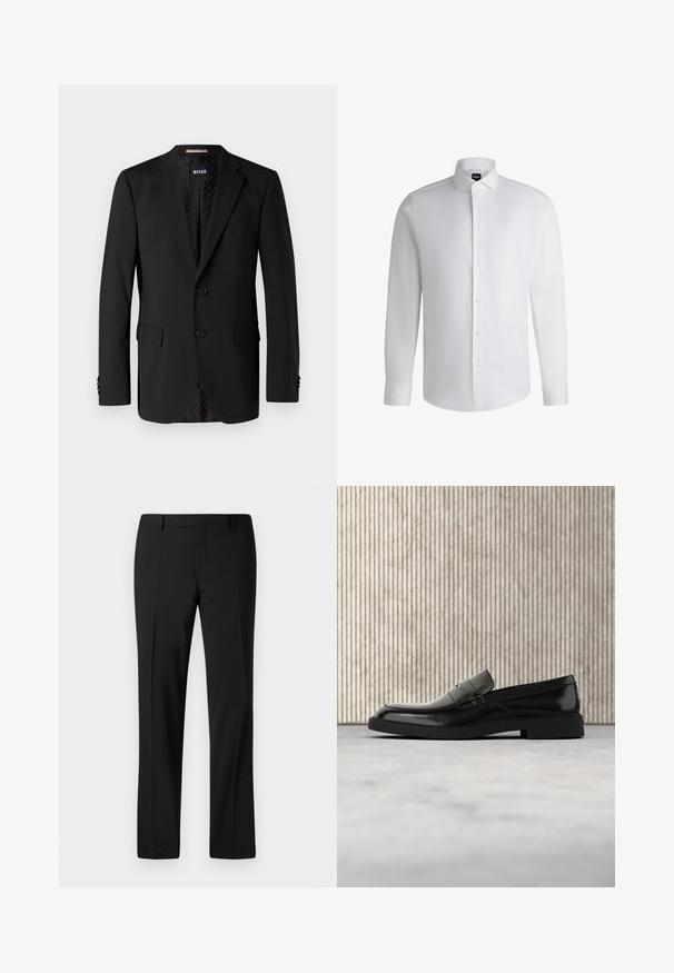 Zwarte blazer van gladde stof, met twee zijzakken, twee knopen en een gestreepte voering. Klassiek en getailleerd ontwerp.; Witte lange mouwen shirt van soepel katoen, met een klassieke kraag, volledige knoopsluiting en knoopmanchetten. Minimalistisch ontwerp.; Zwarte op maat gemaakte broek met een rechte pijp ontwerp, voorzien van een gladde textuur, geplooide voorkant en een klassieke tailleband voor een formele uitstraling.; Zwarte gepolijste leren loafer die boven een beige tapijt zweeft met oranje doorschijnend meubilair op de achtergrond.