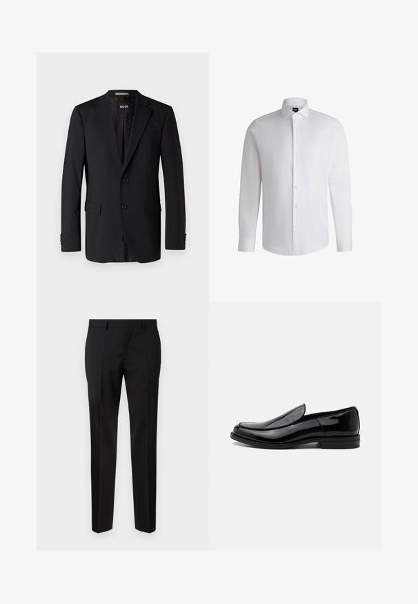 Blazer negro hecho de tela suave, con dos bolsillos frontales, dos botones y un interior con estampado. Diseño clásico y ajustado.; Camisa blanca de manga larga hecha de algodón suave, con un cuello clásico, botonera completa y puños abotonados. Diseño minimalista.; Pantalones negros de corte ajustado, hechos de una tela suave, con pernera recta, detalles de pinzas refinadas y una cinturilla clásica con ojales para cinturón.; Zapato de vestir negro de piel brillante tipo slip-on con tacón bajo y punta redondeada, visto de lado sobre un fondo blanco liso.