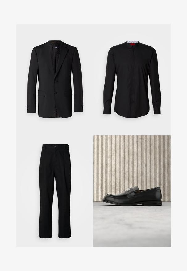 Blazer noir en tissu lisse, comportant deux poches avant, deux boutons et une doublure à motifs. Design classique et ajusté.; Chemise noire à manches longues avec col mandarin, confectionnée dans un tissu lisse, dotée d'une patte de boutonnage à l'avant et de détails de design subtils.; Pantalons noirs à jambes droites avec une taille à bouton, passants de ceinture et pli avant, présentés sur un fond blanc uni.; Mocassin en cuir noir avec une plaque de marque en métal reposant près d'une table ronde marron sur un sol recouvert de moquette beige.