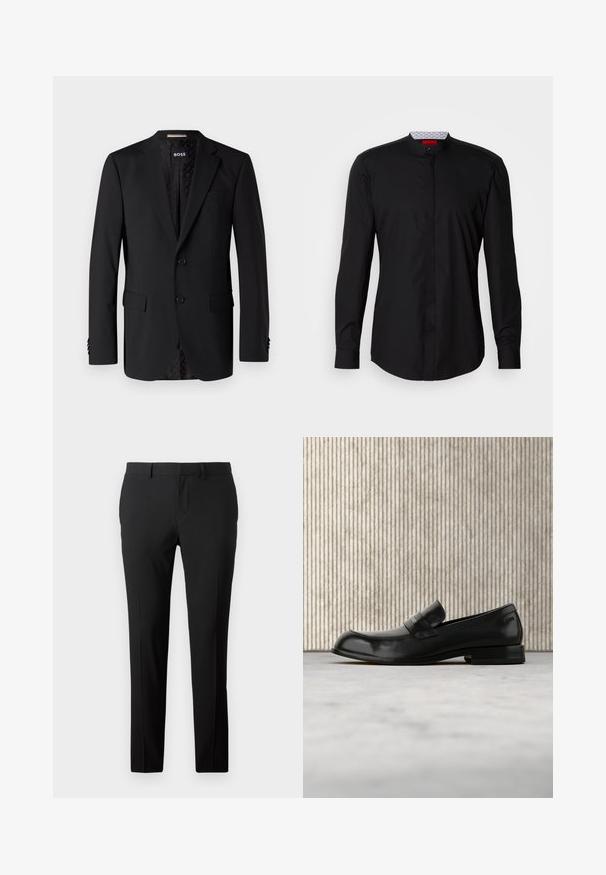 Blazer negro hecho de tela suave, con dos bolsillos frontales, dos botones y un interior con estampado. Diseño clásico y ajustado.; Camisa negra de manga larga con cuello mandarín, confeccionada en una tela suave, con cierre de botones en la parte delantera y detalles de diseño sutiles.; Pantalones negros a medida en una tela suave. Presentan un diseño de pierna recta, pliegues frontales y trabillas para cinturón para un tamaño ajustable.; Mocasín negro de cuero con detalle metálico, mostrado suspendido sobre una alfombra beige, con una mesa redonda de color ámbar en el fondo.