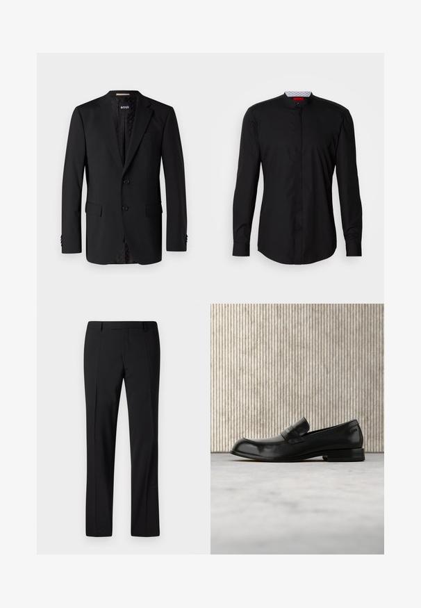 Schwarzer Blazer aus glattem Stoff, ausgestattet mit zwei Fronttaschen, zwei Knöpfen und einem gemusterten Innenfutter. Klassisches, tailliertes Design.; Schwarzes Langarmhemd mit Stehkragen, aus glattem Stoff gefertigt, mit durchgehender Knopfleiste und subtilen Designdetails.; Schwarze, maßgeschneiderte Hose mit geradem Bein, ausgestattet mit einer glatten Textur, gefaltetem Vorderteil und einem klassischen Bund für ein formelles Erscheinungsbild.; Schwarzer Leder-Loafer mit Metallakzent, der schwebend über einem beigen Teppich präsentiert wird, im Hintergrund ein runder, bernsteinfarbener Tisch.