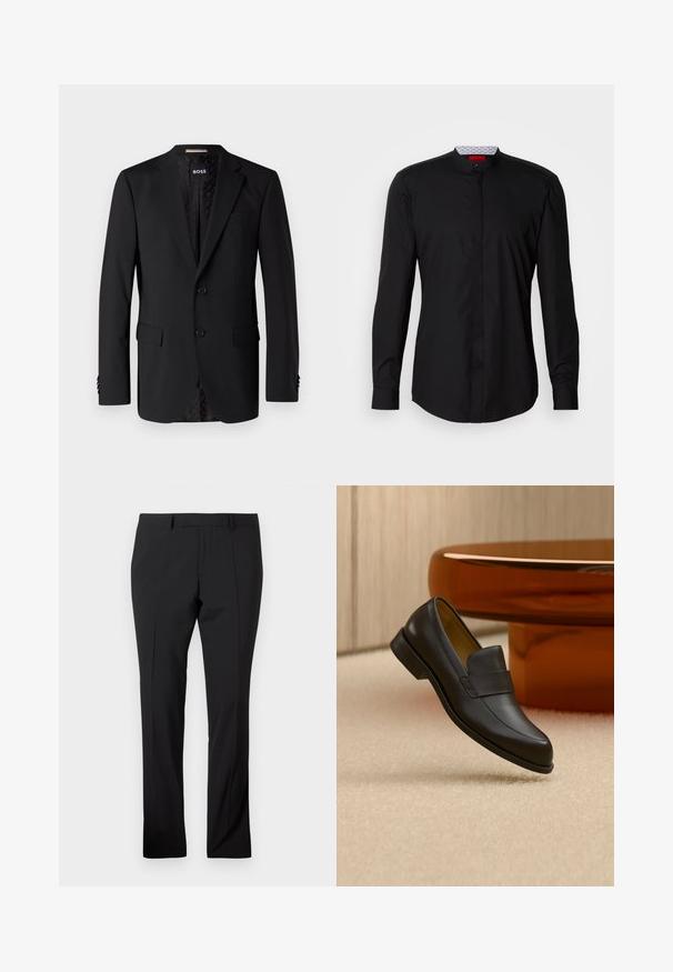 Zwarte blazer van gladde stof, met twee zijzakken, twee knopen en een gestreepte voering. Klassiek en getailleerd ontwerp.; Zwart shirt met lange mouwen en een mandarijnkraag, gemaakt van een gladde stof, met een knoopsluiting aan de voorkant en subtiele designdetails.; Zwarte op maat gemaakte broeken met riemlussen, een voorkreuk en een rechte pijp op een effen witte achtergrond.; Zwarte leren loafer met lage hak zwevend boven een beige tapijt dichtbij een ronde bruine tafel.