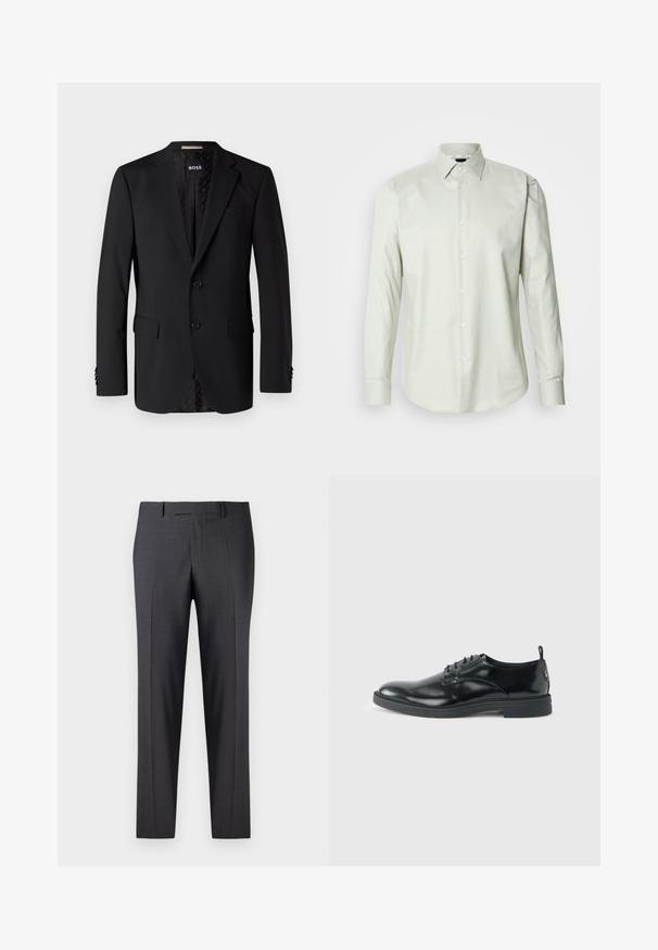 Schwarzer Blazer aus glattem Stoff, ausgestattet mit zwei Fronttaschen, zwei Knöpfen und einem gemusterten Innenfutter. Klassisches, tailliertes Design.; Helles grünes Langarm-Hemd mit Knopfleiste, strukturiertem Kragen, schlichter Textur und Vorderknopfleiste mit weißen Knöpfen.; Maßgefertigte dunkelgraue Hosen aus einem glatten, strukturierten Stoff; mit flacher Vorderseite und geraden Beinen; minimalistisches Design ohne sichtbare Akzente.; Glänzender schwarzer Lederschuh mit niedrigem Absatz, Schnürverschluss und runder Kappe, seitlich auf hellem, schlichten Hintergrund gezeigt.