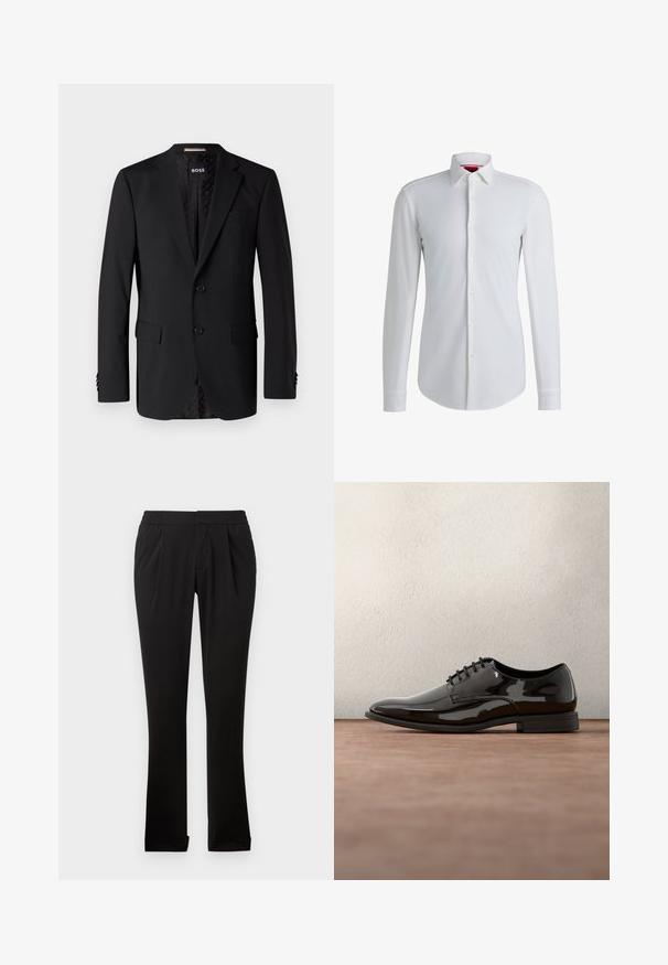 Blazer negro hecho de tela suave, con dos bolsillos frontales, dos botones y un interior con estampado. Diseño clásico y ajustado.; Camisa blanca de manga larga, con botones y cuello extendido, con tapeta delantera y dobladillo redondeado. Hecha de un tejido suave con un brillo sutil.; Pantalones negros de tela suave con cinturilla elástica, perneras rectas, pliegues frontales y dobladillos vueltos. Diseño sencillo y versátil.; Zapato de vestido de charol negro con puntera redondeada, diseño de cordones y superficie lisa y brillante. Cuenta con una suela de goma de perfil bajo.