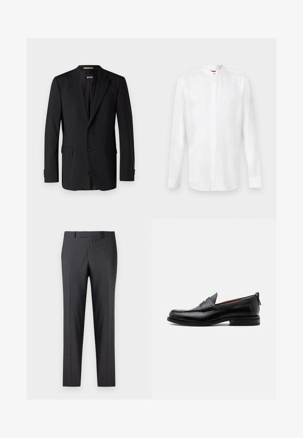 Schwarzer Blazer aus glattem Stoff, ausgestattet mit zwei Fronttaschen, zwei Knöpfen und einem gemusterten Innenfutter. Klassisches, tailliertes Design.; Weißes Langarmhemd mit Stehkragen und verdeckter Knopfleiste, vor einem schlichten hellen Hintergrund präsentiert.; Maßgefertigte dunkelgraue Hosen aus einem glatten, strukturierten Stoff; mit flacher Vorderseite und geraden Beinen; minimalistisches Design ohne sichtbare Akzente.; Schwarzer Leder-Herrenschuh mit Mokassinnaht, Penny-Riemen, strukturiertem Kragen und niedrigem gestapeltem Absatz auf weißem Hintergrund.