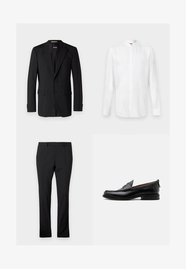 Schwarzer Blazer aus glattem Stoff, ausgestattet mit zwei Fronttaschen, zwei Knöpfen und einem gemusterten Innenfutter. Klassisches, tailliertes Design.; Weißes Langarmhemd mit Stehkragen und verdeckter Knopfleiste, vor einem schlichten hellen Hintergrund präsentiert.; Schwarze maßgeschneiderte Hose mit Gürtelschlaufen, vorderer Bügelfalte und geradem Beinaufschnitt auf einem schlichten weißen Hintergrund.; Schwarzer Leder-Herrenschuh mit Mokassinnaht, Penny-Riemen, strukturiertem Kragen und niedrigem gestapeltem Absatz auf weißem Hintergrund.