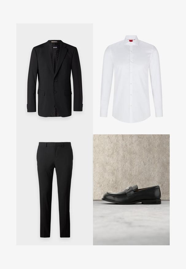 Zwarte blazer van gladde stof, met twee zijzakken, twee knopen en een gestreepte voering. Klassiek en getailleerd ontwerp.; Witte lange mouwen knoopsluiting shirt gemaakt van soepel katoen. Beschikt over een klassieke kraag, volledige knoopsluiting en afgeronde zoom.; Op maat gemaakte zwarte broek van een gladde stof. Heeft een recht model, voorplooien en riemlussen voor verstelbare maat.; Zwarte leren loafer met een metalen merktekenplaatje, rustend bij een bruine ronde tafel op een beige tapijtvloer.