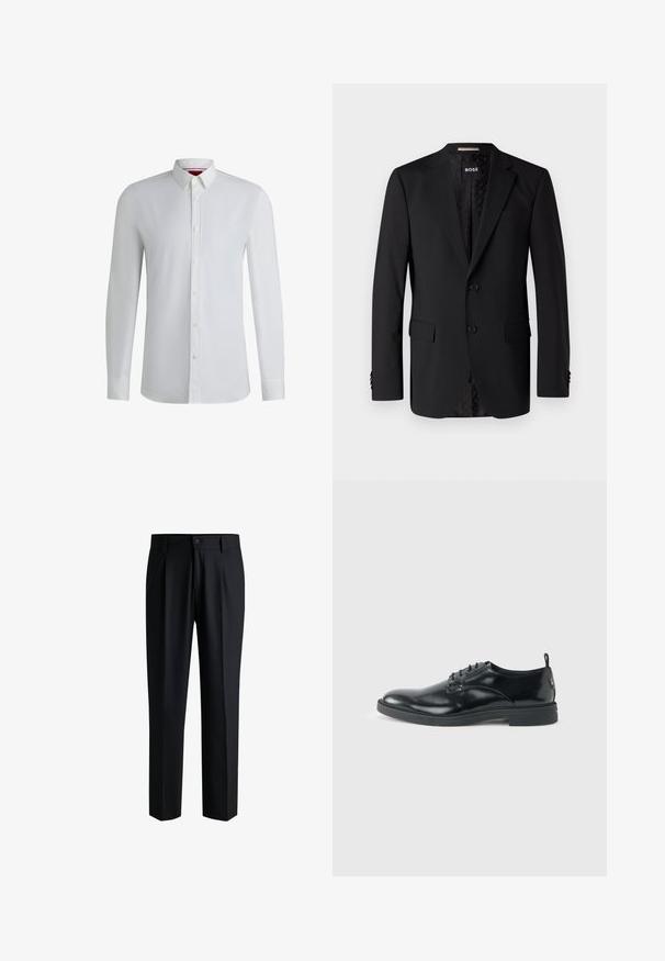 Sort blazer lavet af glat stof, med to forlommer, to knapper og et mønstret indre. Klassisk skræddersyet design.; Hvid langærmet skjorte med krave, der kan knappes op, med en glat tekstur, lige snit og diskrete detaljer langs fronten.; Sorte bukser lavet af glat stof, med lige ben-design, plisseringer foran og knaplukning med bæltestropper.; Blank sort læder dresssko med lav hæl, snørelukning og rund tå, vist fra siden på ensfarvet lys baggrund.