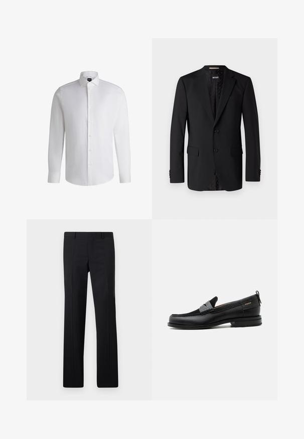 Sort blazer lavet af glat stof, med to forlommer, to knapper og et mønstret indre. Klassisk skræddersyet design.; Hvid langærmet skjorte lavet af glat bomuld, med klassisk krave, fuld knaplukning og knapmanchetter. Minimalistisk design.; Sorte skræddersyede bukser med et lige ben design, skarpe folder og en glat overflade. Fremstillet af letvægtsstof med en ren talje.; Sort læderloafer med grå remdetalje, lav hæl og tekstureret sål, mærket med "HUGO" i guld på siden.