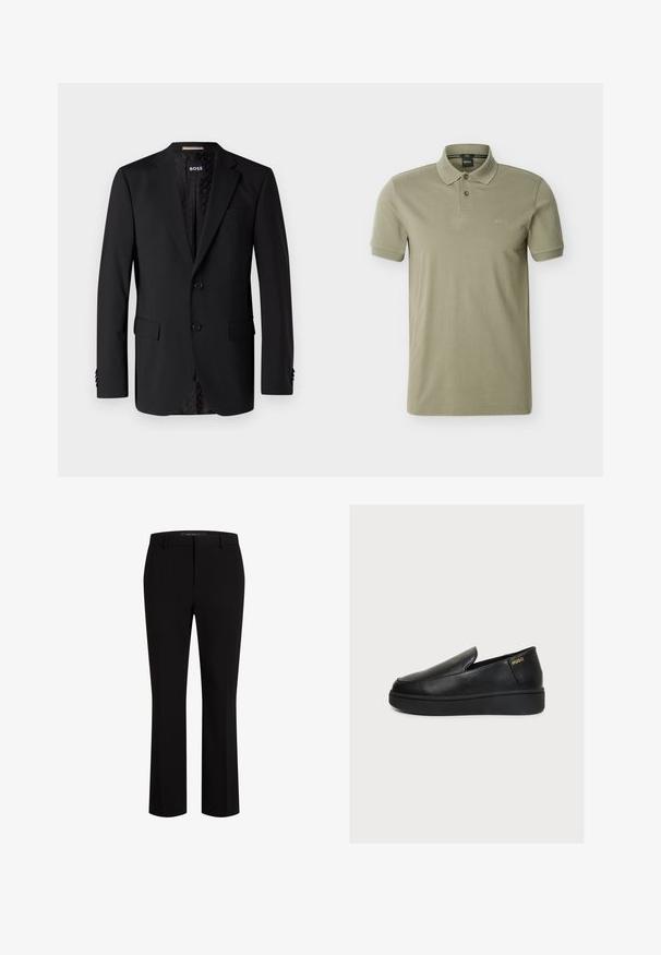 Blazer noir en tissu lisse, comportant deux poches avant, deux boutons et une doublure à motifs. Design classique et ajusté.; Polo pour homme vert olive à manches courtes avec patte à deux boutons et logo "BOSS" brodé sur la poitrine.; Pantalons noirs cintrés en tissu lisse, présentant une coupe droite, des passants de ceinture et des poches avant pour une fonctionnalité accrue.; Chaussure plateforme noire en cuir à enfiler, avec une semelle épaisse et un petit logo doré "HUGO" près du talon sur un fond clair uni.