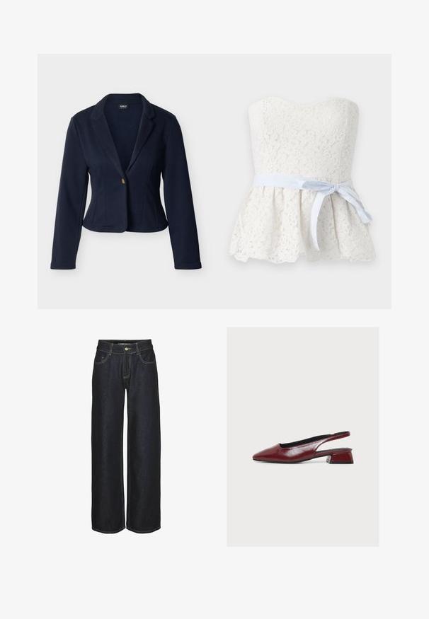 Marineblå kvindeblazer med lange ærmer, enkelt guldknaplukning, reverskrave med hakket snit, skræddersyet pasform og kort længde.; Hvid stropfri blonde-peplumtop med blomstermønster og et bundet hvidt taljebånd.; Mørkeblå lige ben jeans med frontlommer, bæltestropper og gule kontrastsyninger, vist på en hvid baggrund.; Bordeauxrød læder slingback-sko med spids tå og lav blokhæl, vist fra siden på hvid baggrund.