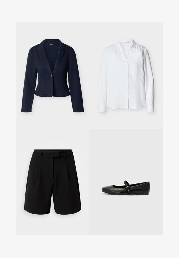 Marineblauer Damenblazer mit langen Ärmeln, einzelne goldene Knopfleiste, Reverskragen mit Ausschnitt, taillierte Passform und kurze Länge.; Weiße, langärmelige Damenbluse mit Kragen und Knöpfen vorne, aus glattem Stoff, vor einfarbigem Hintergrund präsentiert.; Schwarze maßgeschneiderte Shorts aus glattem Stoff, mit hoher Taille, Falten, Gürtelschlaufen und Seitentaschen, in einem klaren Design.; Schwarze Leder-Ballerinas mit einer runden Spitze, einer flachen Sohle und einem dünnen, verstellbaren Riemen über dem Spann mit einer Metallschnalle.