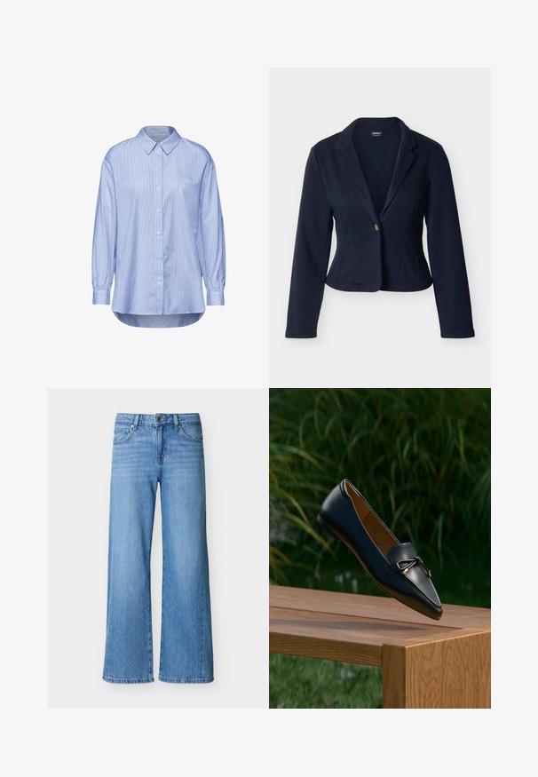 Marineblauwe damesblazer met lange mouwen, enkele gouden knoopsluiting, reverskraag met inkeping, getailleerde pasvorm en korte lengte.; Lichtblauw overhemd met knopen en een verticaal streepjespatroon, lange mouwen met knoopmanchetten en een klassieke kraag.; Lichtblauwe spijkerbroek met wijd uitlopende pijpen, knoop- en ritssluiting aan de voorkant, en zakken aan de voor- en achterkant.; Zwarte leren loafer met een strikdetail die boven een houten bankje zweeft, met groen gras en planten op de achtergrond.