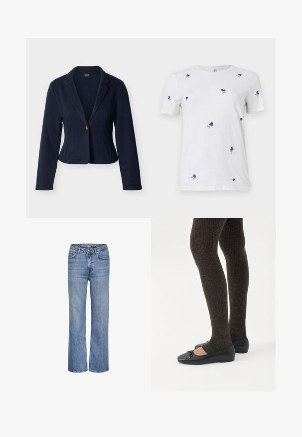 Marineblauwe damesblazer met lange mouwen, enkele gouden knoopsluiting, reverskraag met inkeping, getailleerde pasvorm en korte lengte.; Wit T-shirt met korte mouwen met kleine, verspreide blauwe bloemembroiderie en groene stelen, ronde hals, effen achtergrond.; Blauwe high-waisted straight-leg denim jeans met een knoop sluiting aan de voorkant, ritssluiting en vijf-pocket ontwerp.; Benen met donkere geribbelde leggings gecombineerd met zwarte ballerina's met kleine strikdetails op een witte achtergrond.